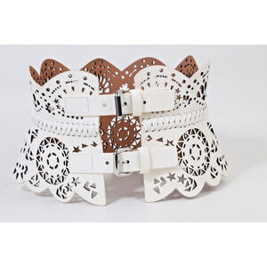 VINTAGE White Laser Cut Faux Leather Corset Belt Wide Scalloped Cinch Waist XS